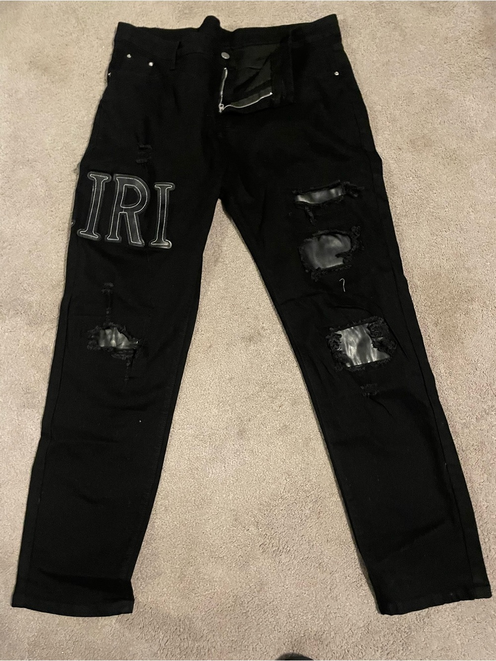 AMIRI Black Slim Straight Distressed Jeans with Contrast 'IRI' Patch